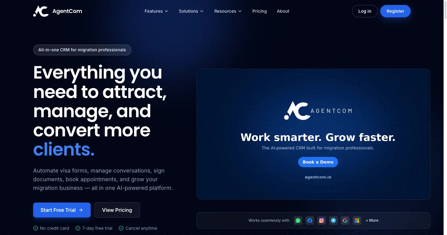AgentCom public website introducing its client-management platform