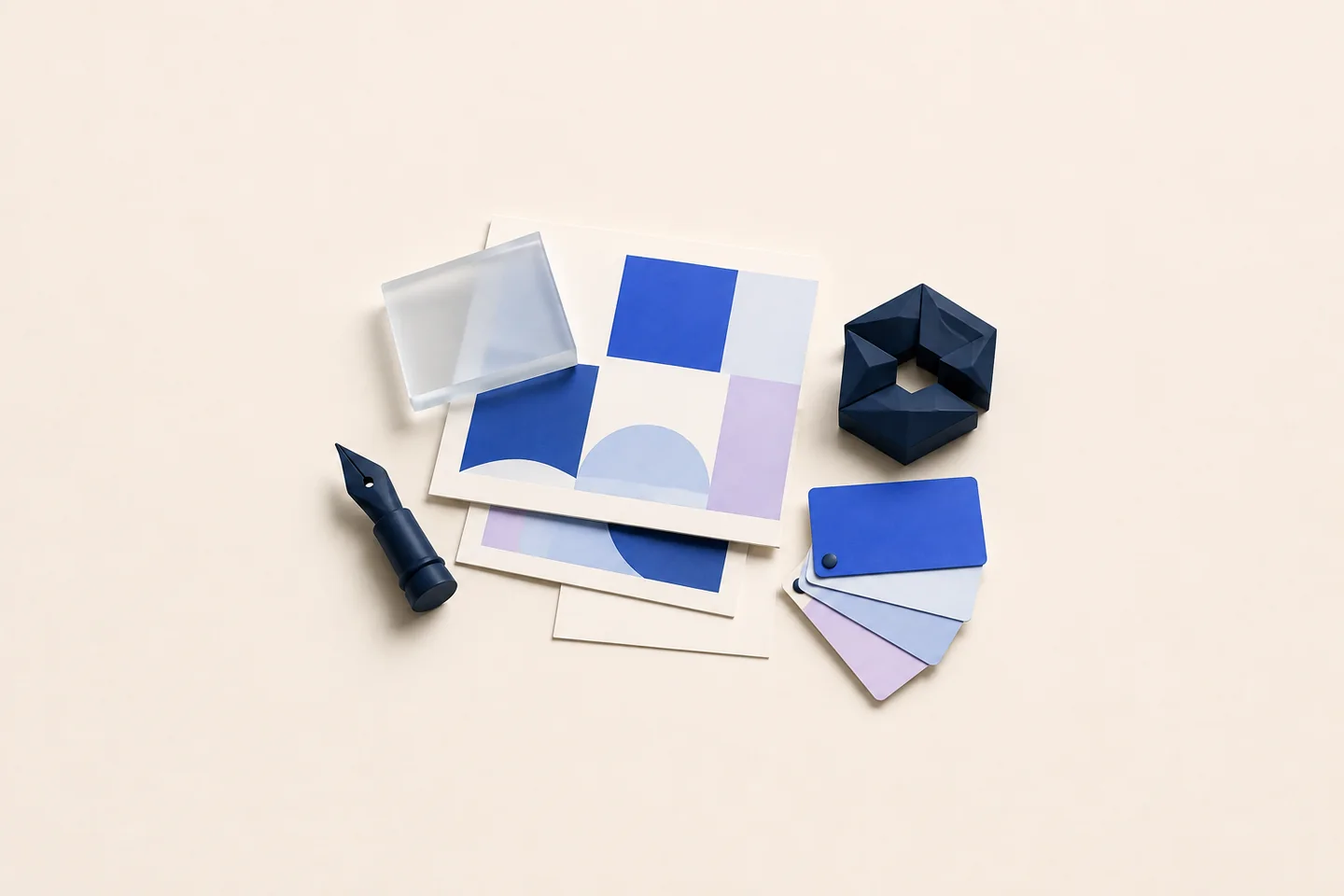 3D illustration of layout sheets, colour swatches and vector design tools