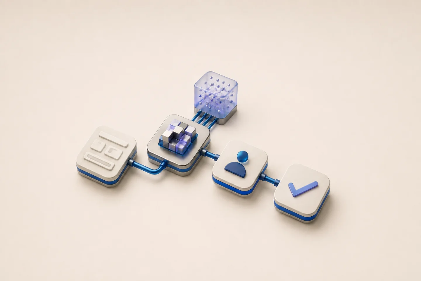 3D illustration of connected workflow tiles and an automation processing module