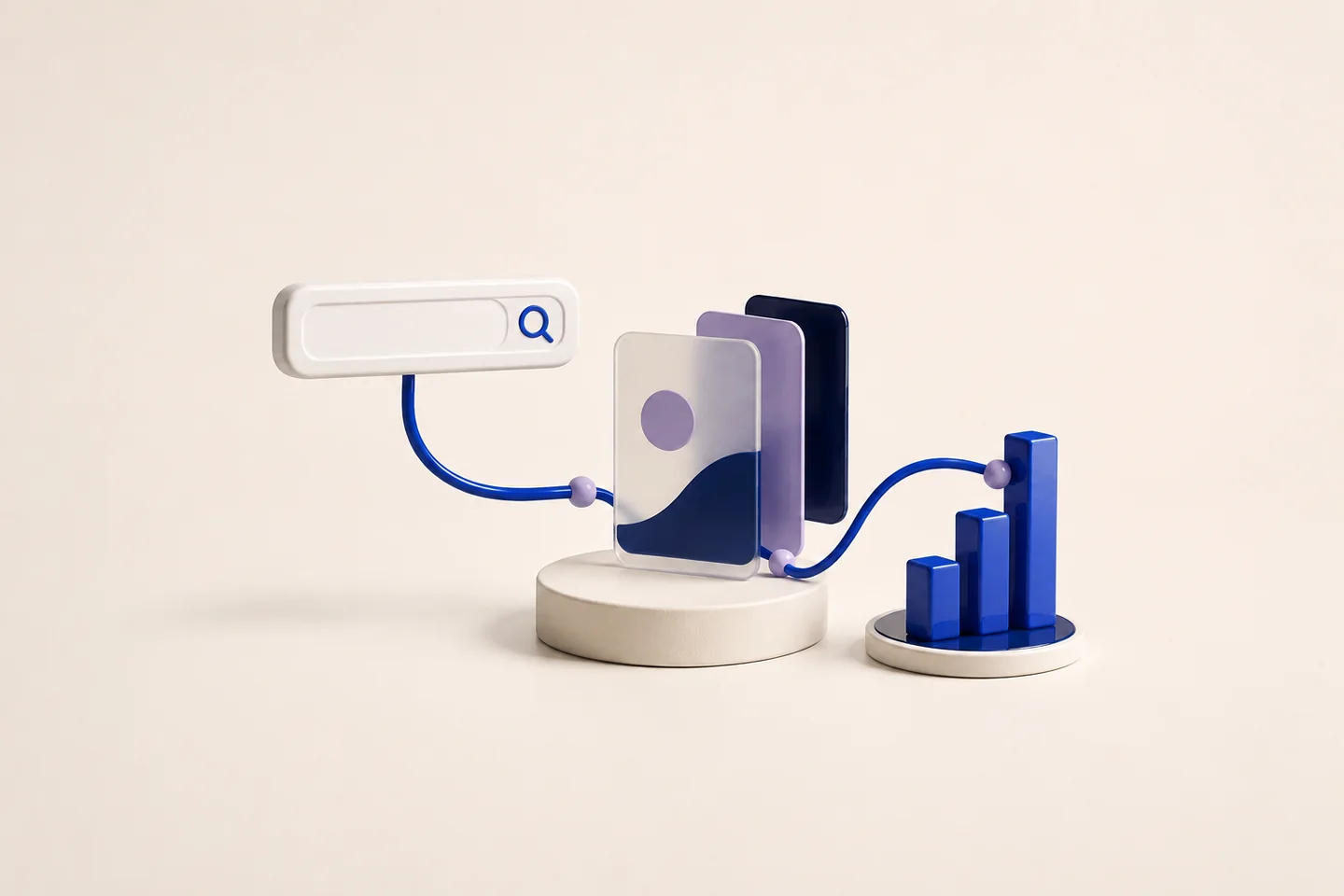 3D illustration of search, advertising creative and analytics