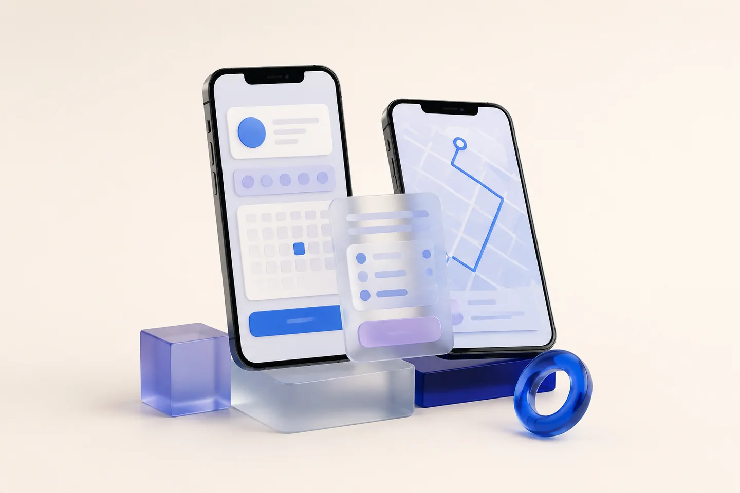 3D illustration of mobile app screens with booking and map interfaces