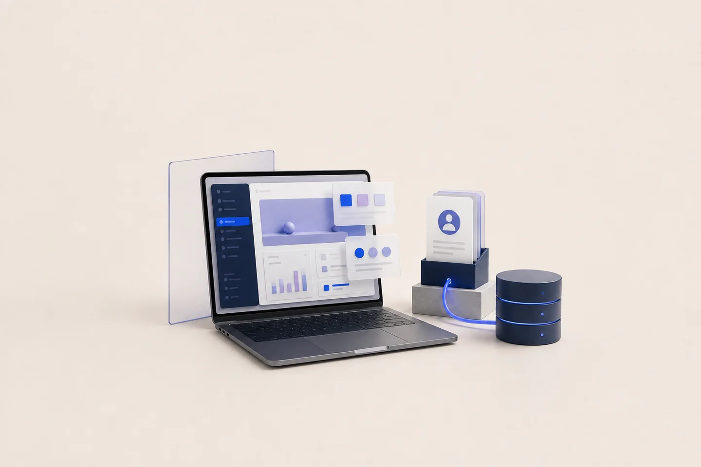 3D illustration of a laptop, application panels and connected customer records