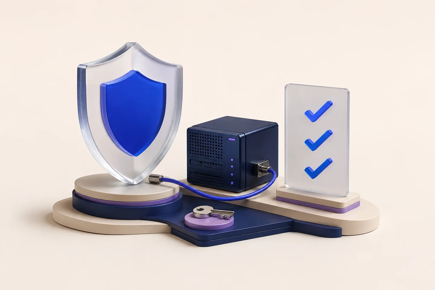 3D illustration of a shield, server and software release checklist