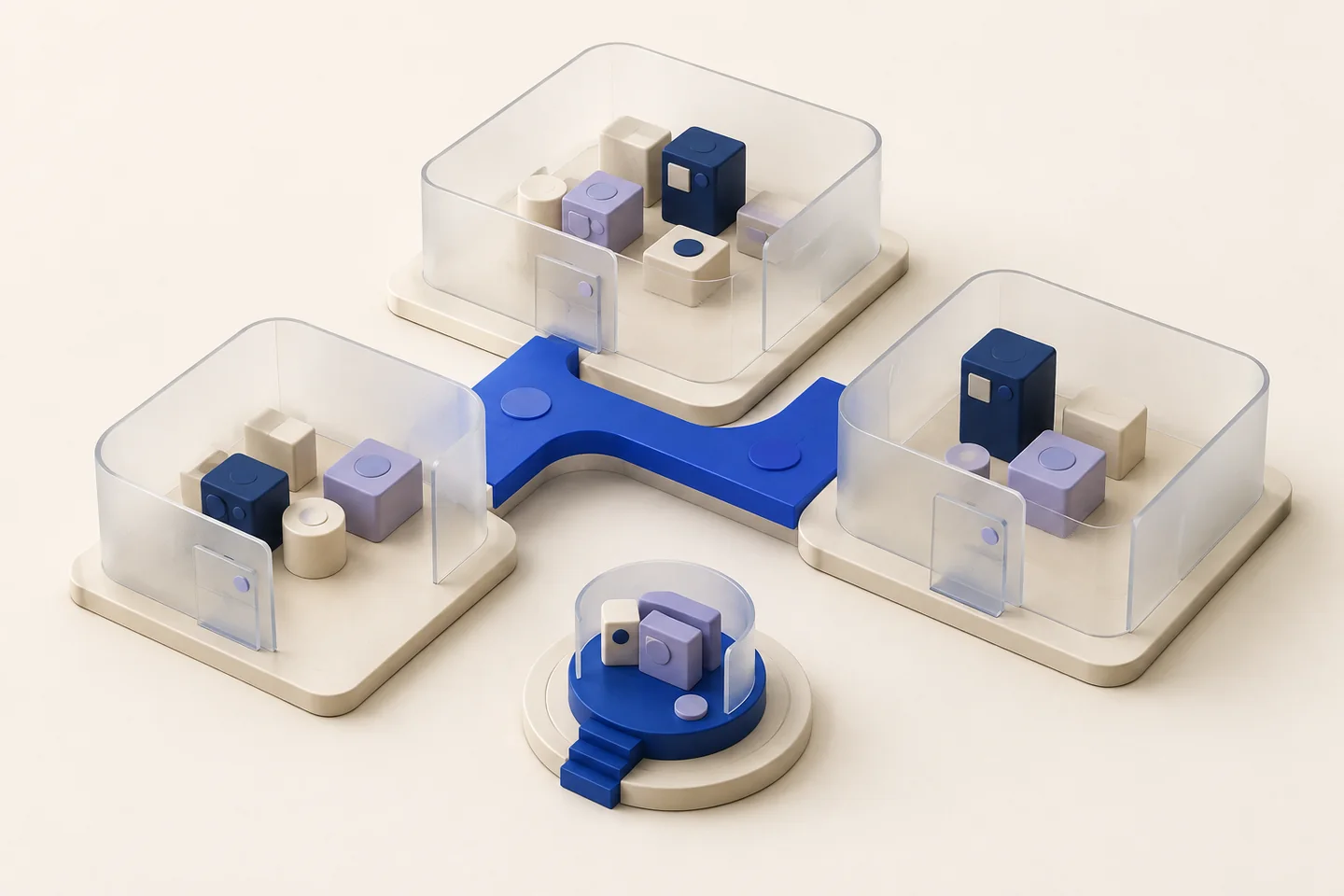 Glass workspace partitions with record blocks, a cobalt bridge and a small raised pilot stage.