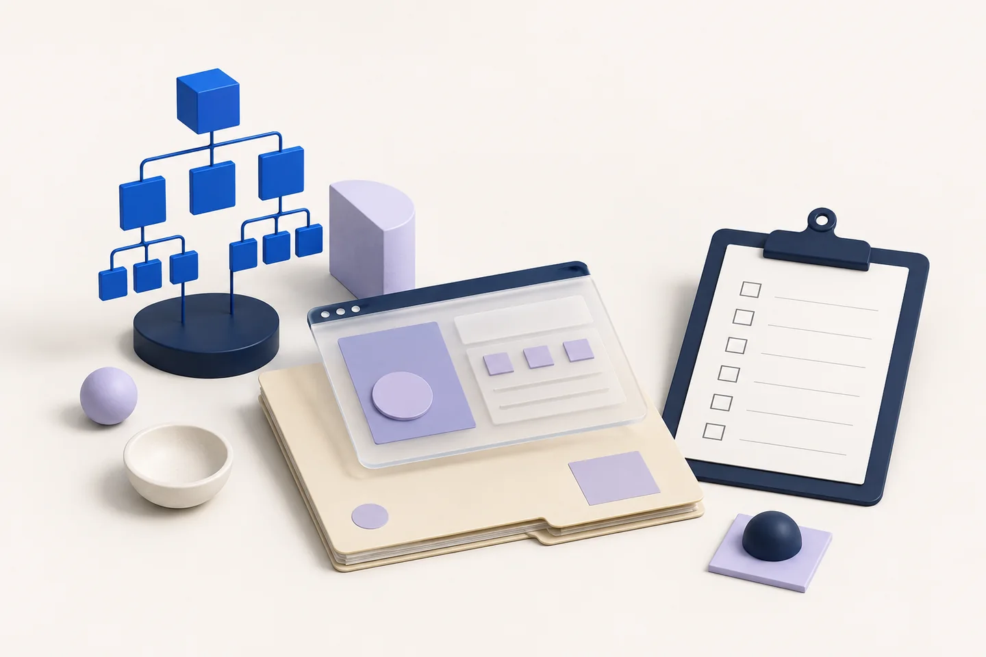 A sitemap model, content folder, browser prototype and blank checklist arranged on an ivory surface.