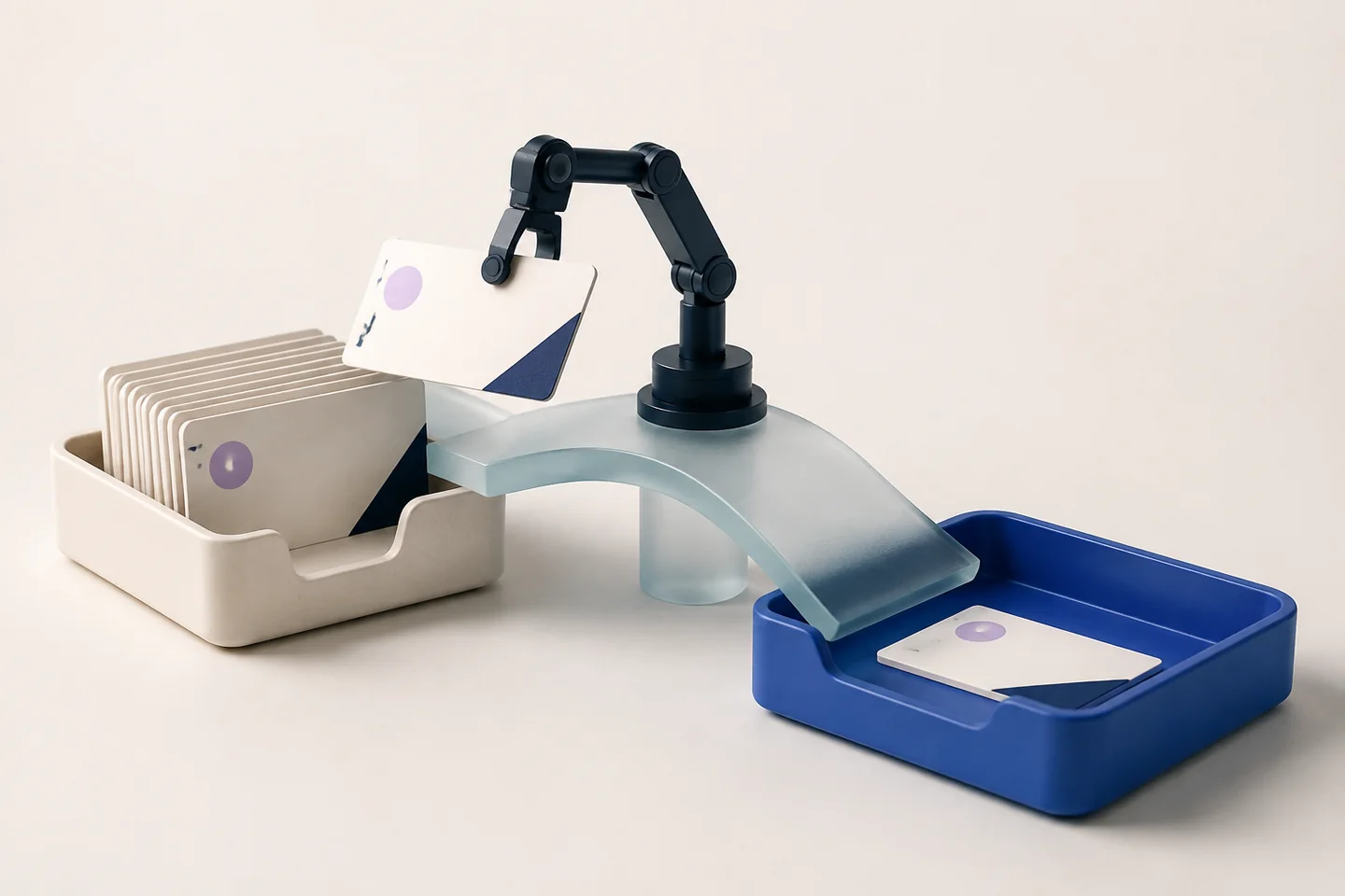 Task cards moving between two ceramic inbox trays across a glass bridge.
