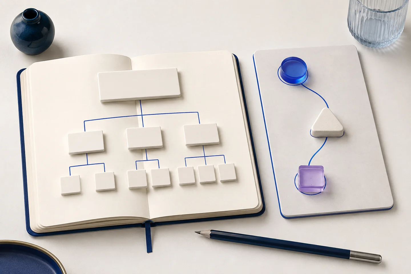 An open notebook with branching page hierarchy tiles beside an audience path board and a navy pencil.