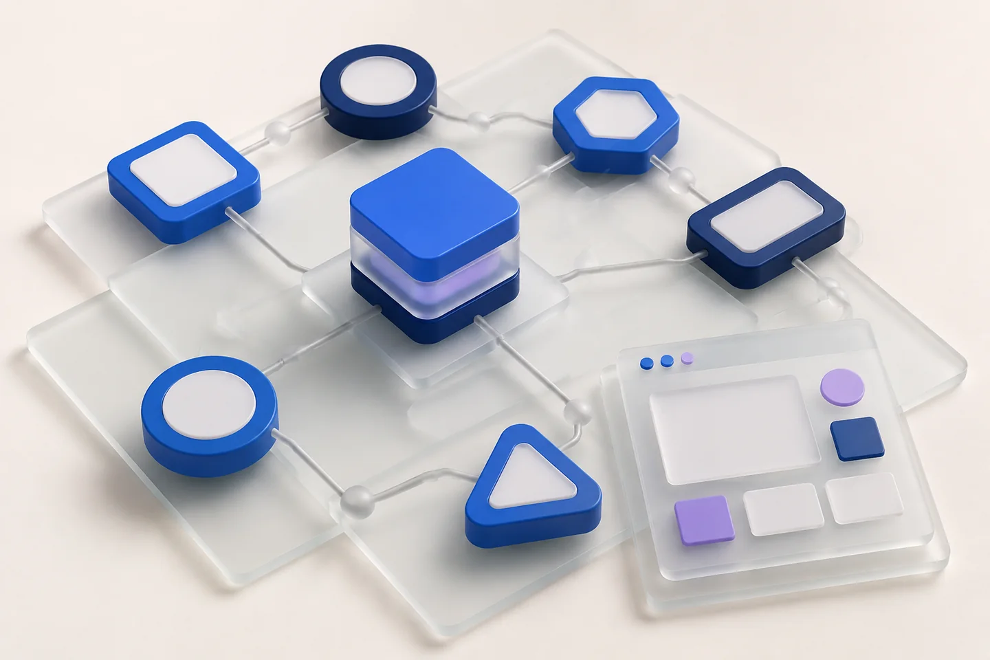 Connected data tokens, a layered application module and a prototype window on glass sheets.