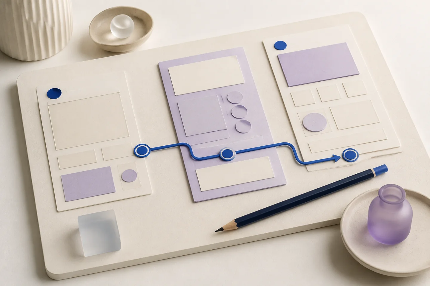 A layout board with three page panels, a connecting journey path and a pencil.