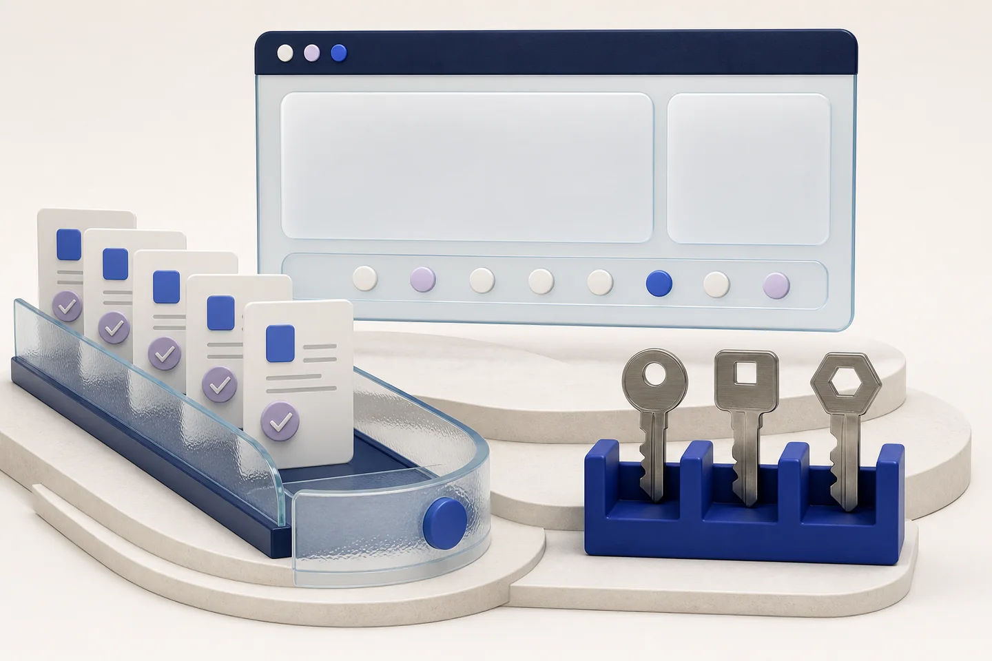 A wide finance portal panel above a document approval queue and three metal permission keys in a blue rack.