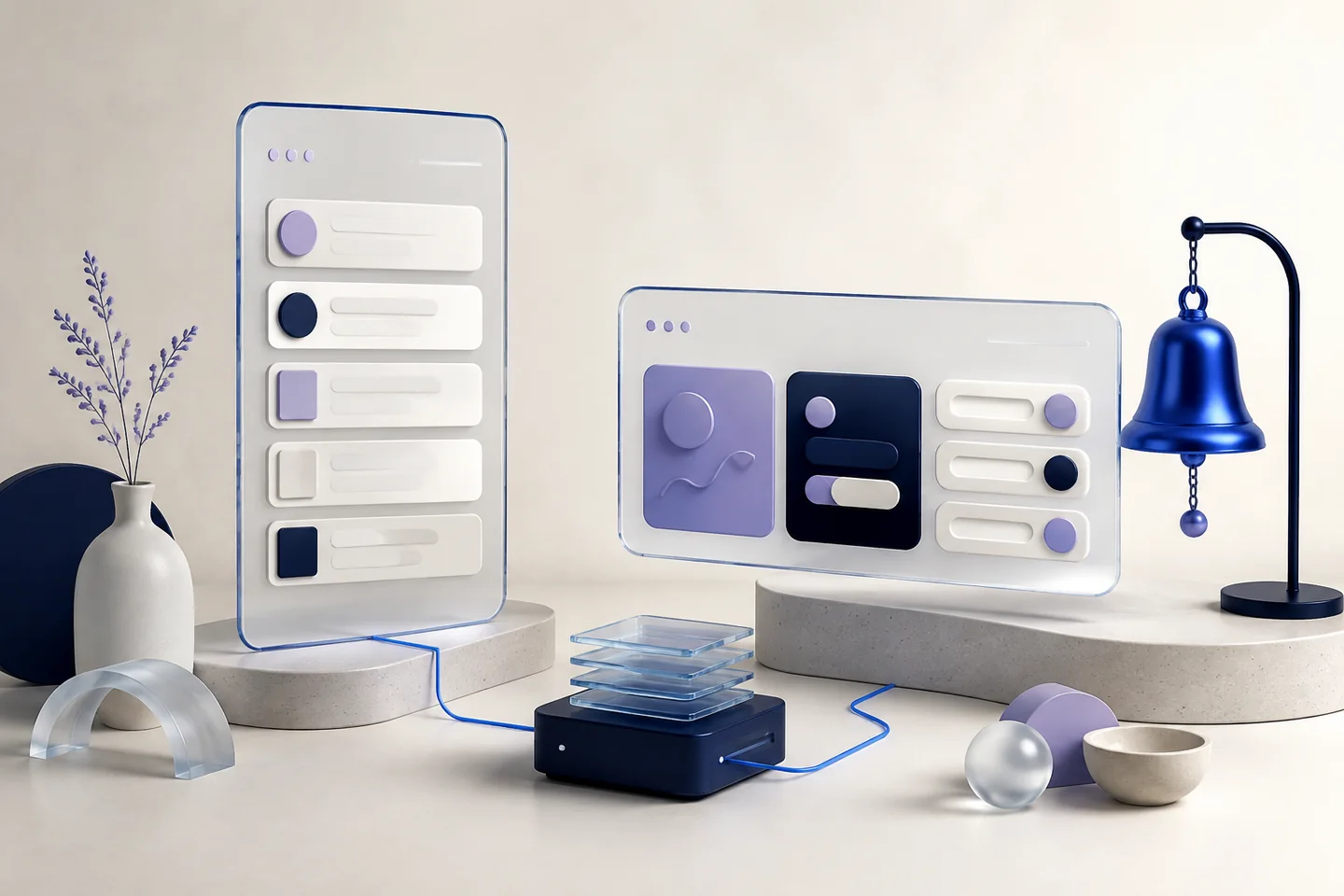 Portrait and landscape interface panels connected to a layered storage module beside a hanging blue notification bell.