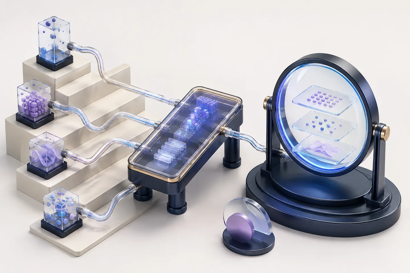 Four glass input cubes linked by transparent pipes to a processing bridge and a large circular review lens.