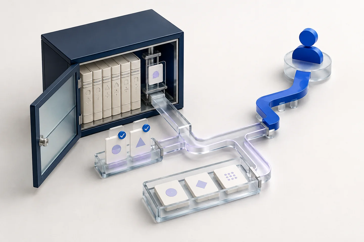 An open knowledge cabinet feeding response cards through glass channels and a blue escalation path to a service icon.
