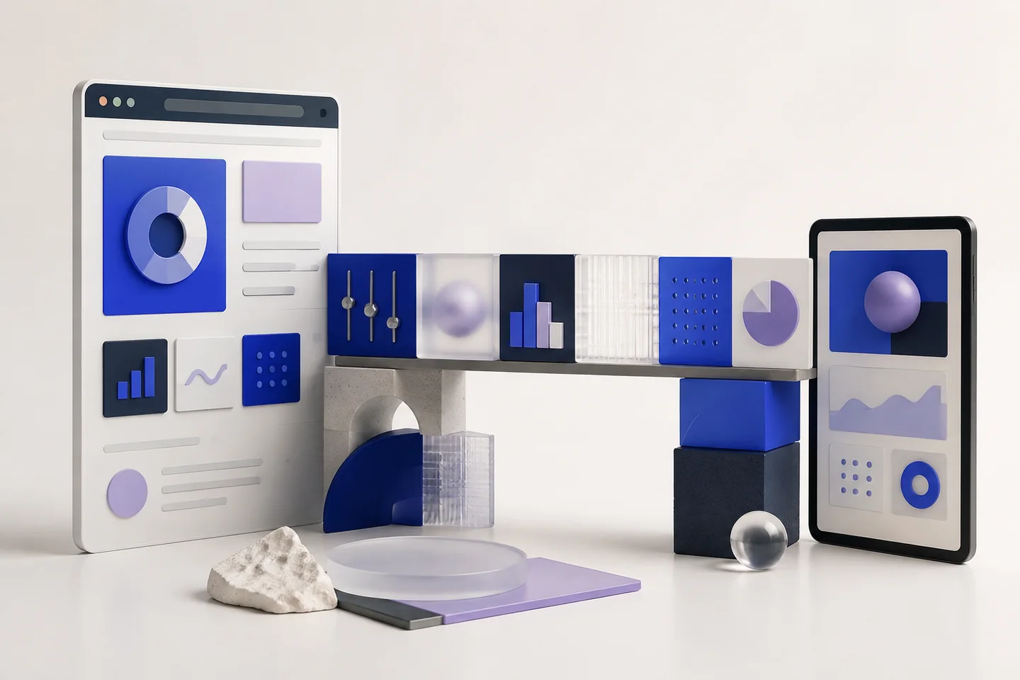 A browser panel and tablet joined by an architectural bridge of application modules.