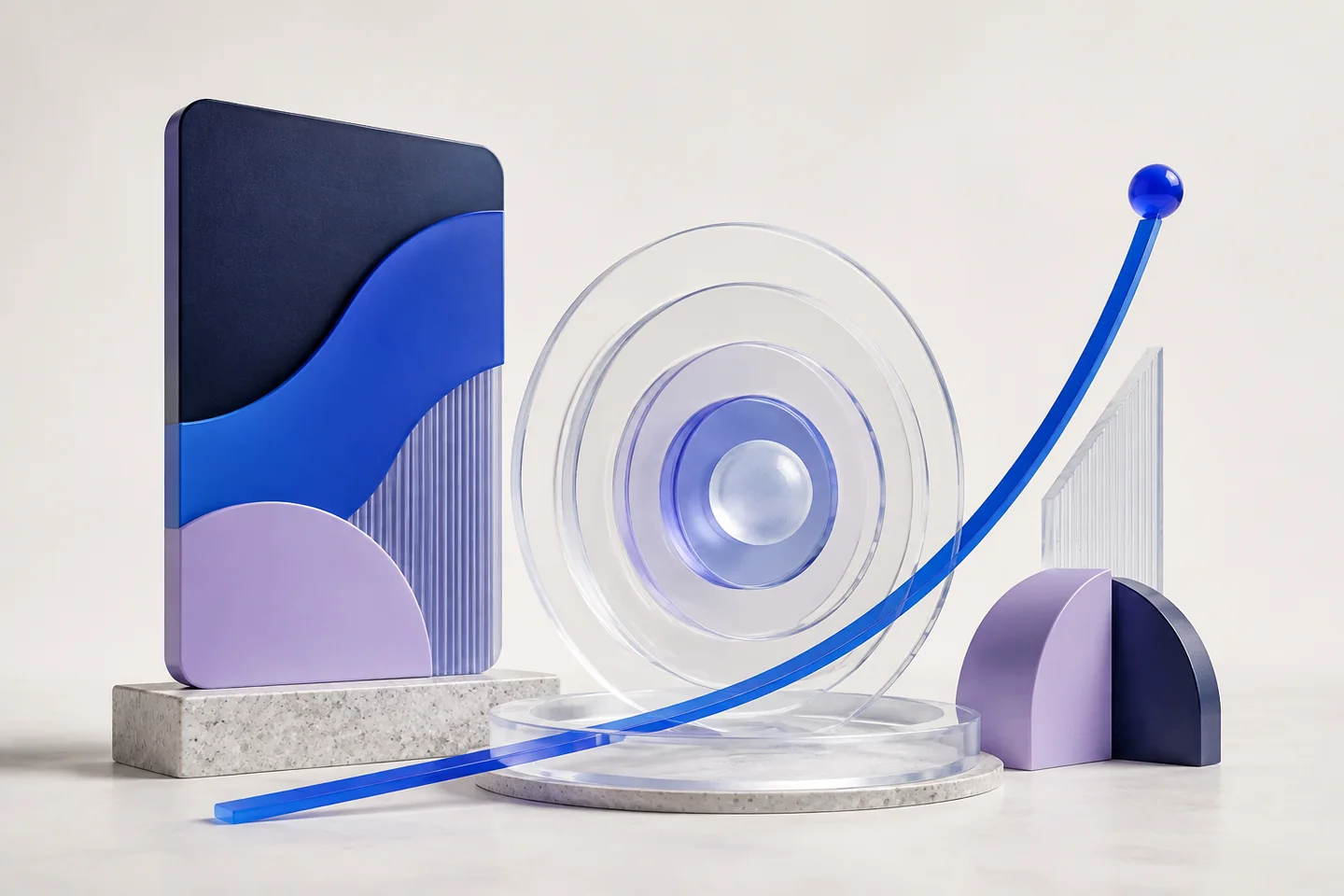 A campaign tile beside concentric glass audience rings and a rising blue path.