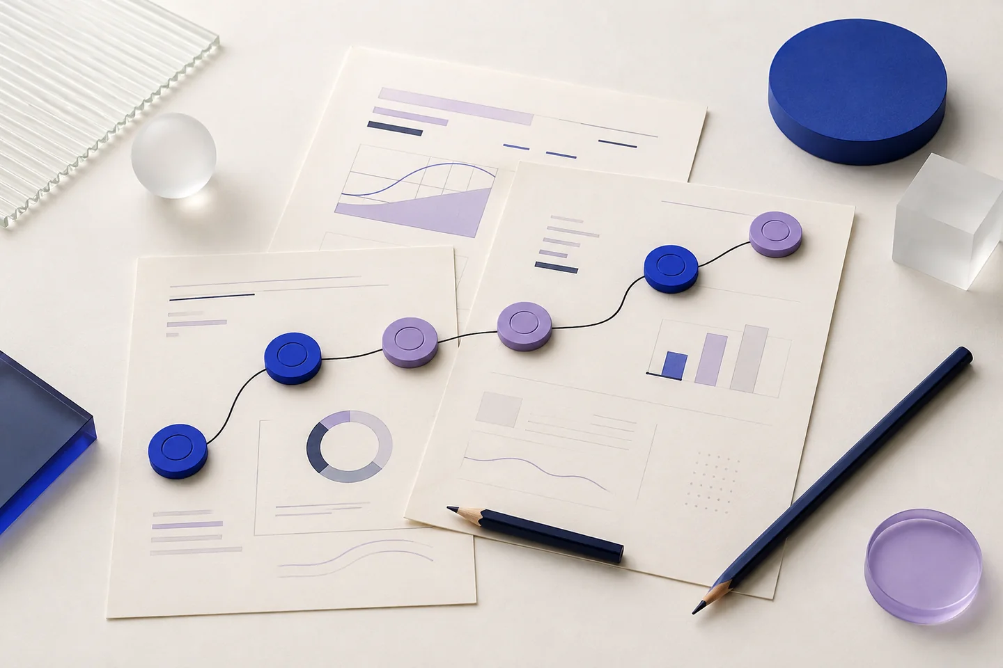 Connected milestone discs cross overlapping roadmap sheets beside two pencils.