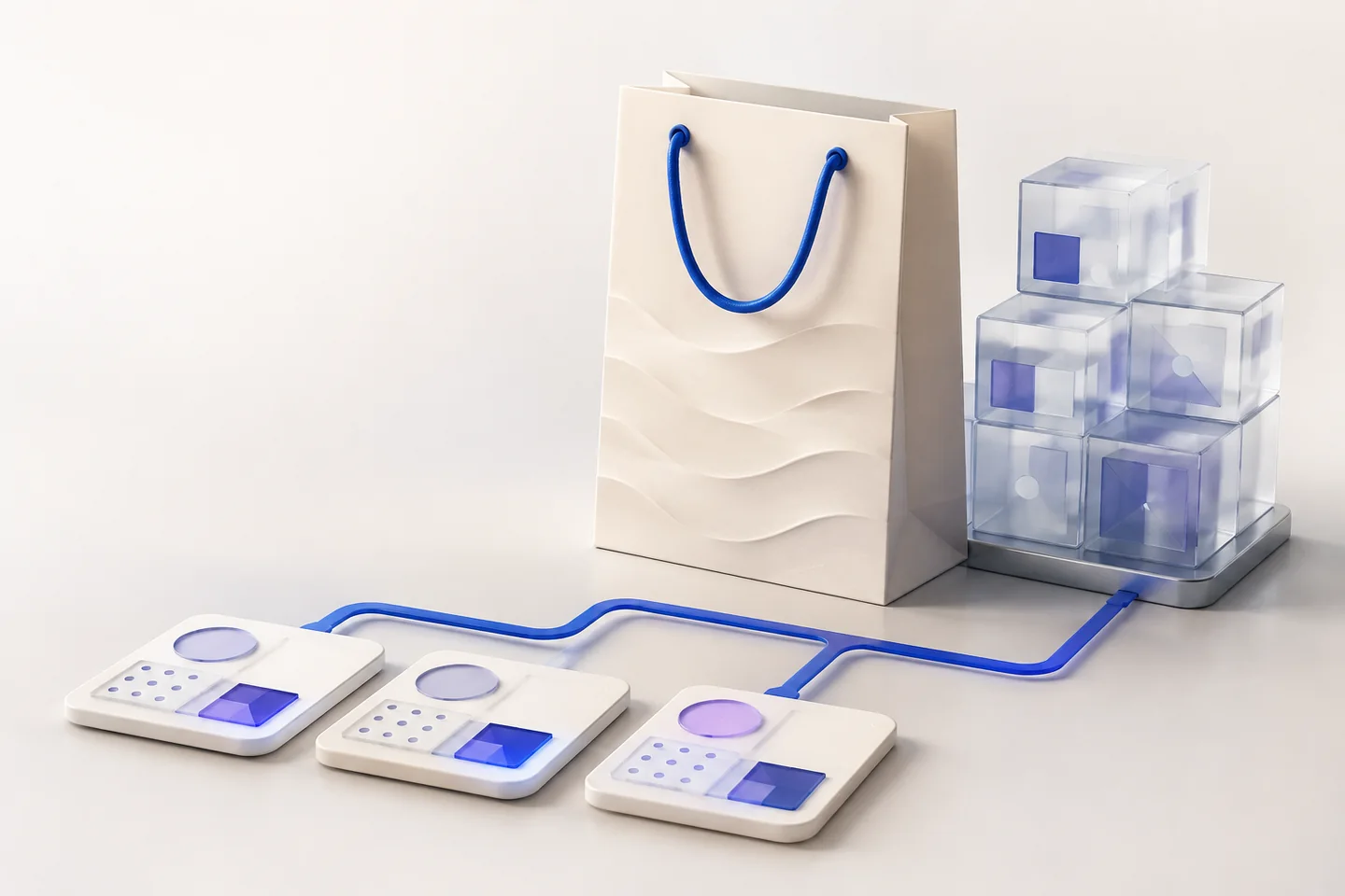 An ivory shopping bag beside glass inventory blocks connected to three order tiles by blue pathways.