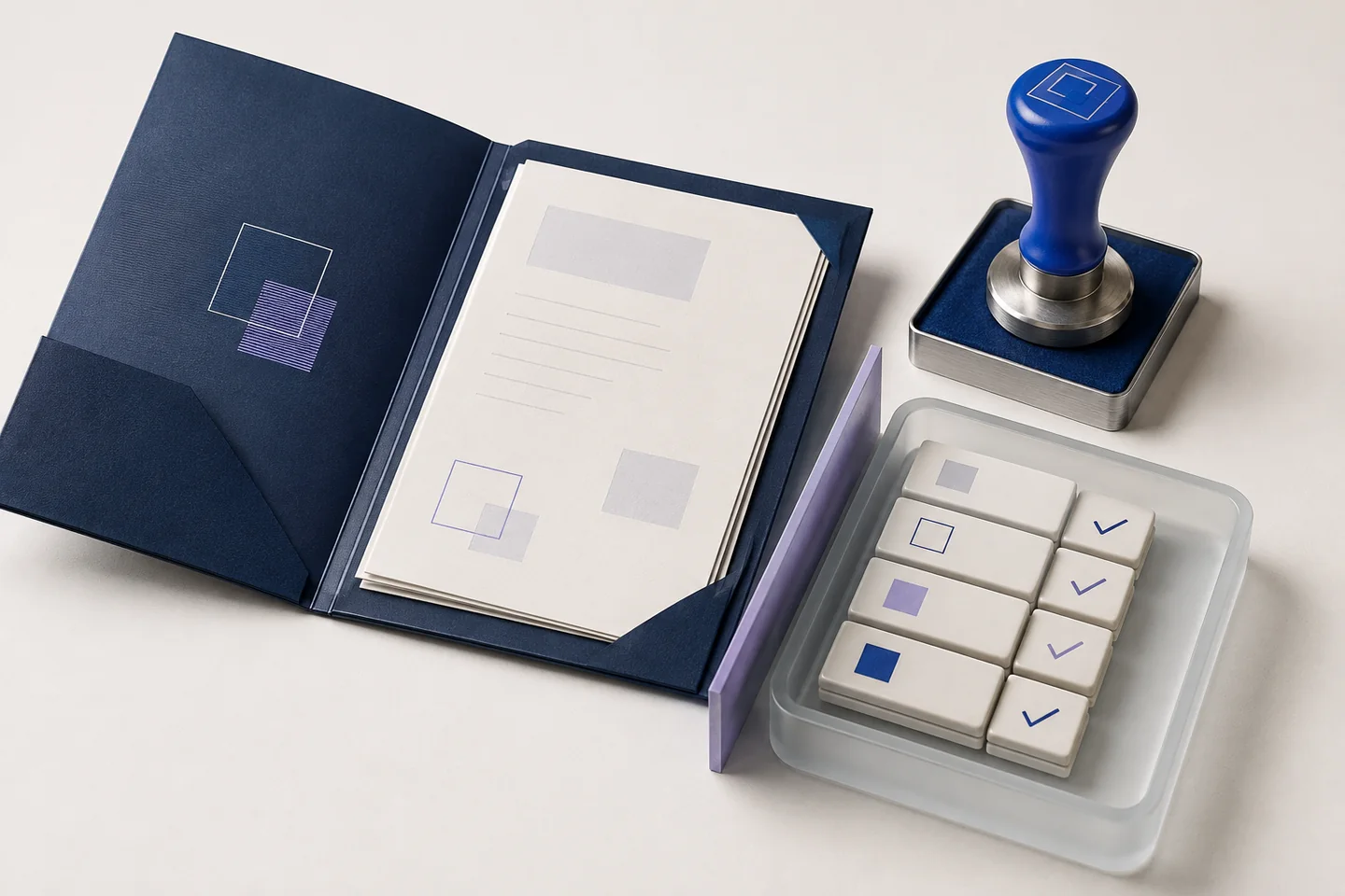 An open navy invoice folder, blue approval stamp and glass tray of aligned ledger rows with check marks.