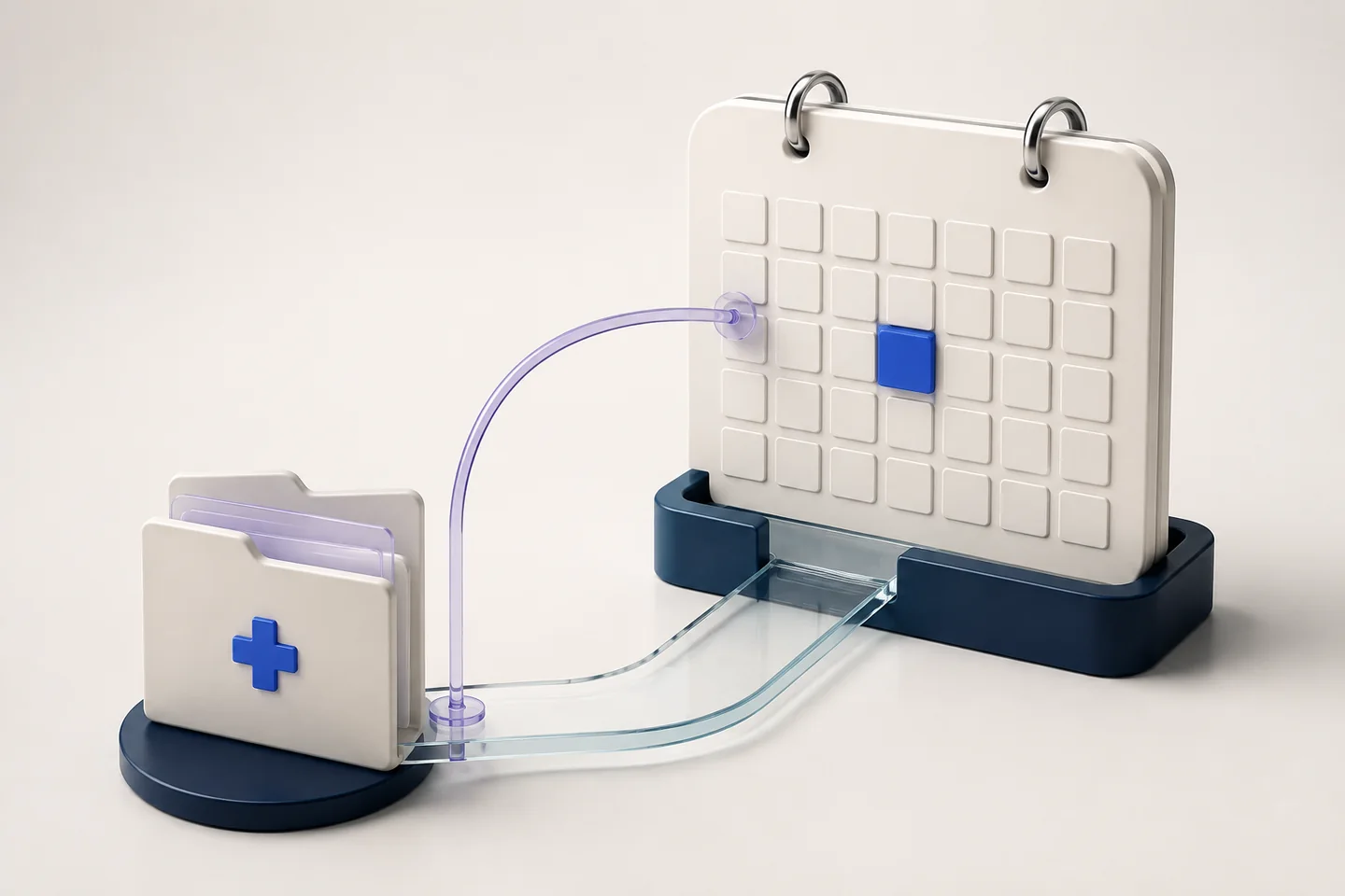 An appointment calendar with a blue date marker connected by glass pathways to a medical record folder.