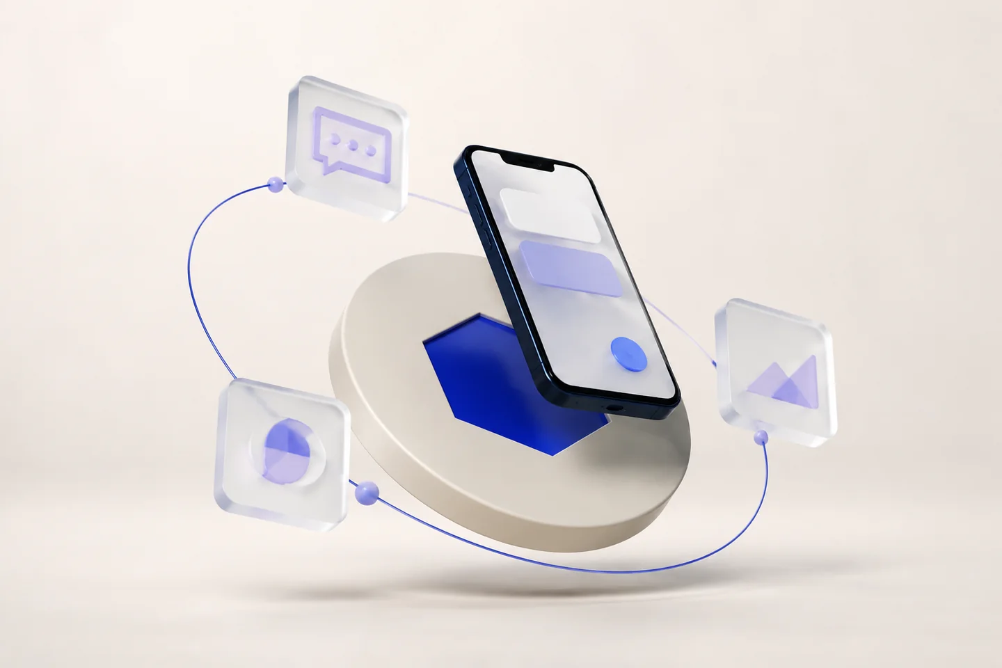 A tilted phone above a circular service token, surrounded by three translucent notification tiles.