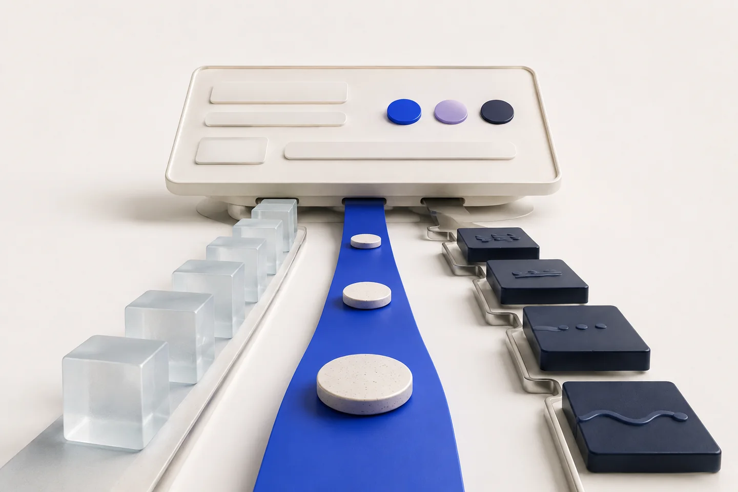 Glass blocks, ceramic discs and navy signal tiles feeding into a wide ivory control panel.