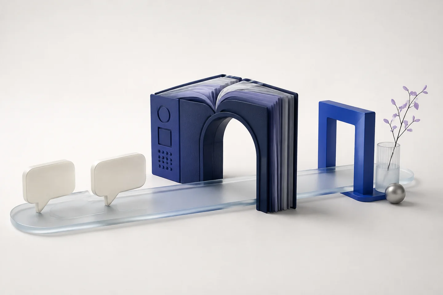 Two conversation cards on a glass track passing through an open book toward a blue handoff doorway.