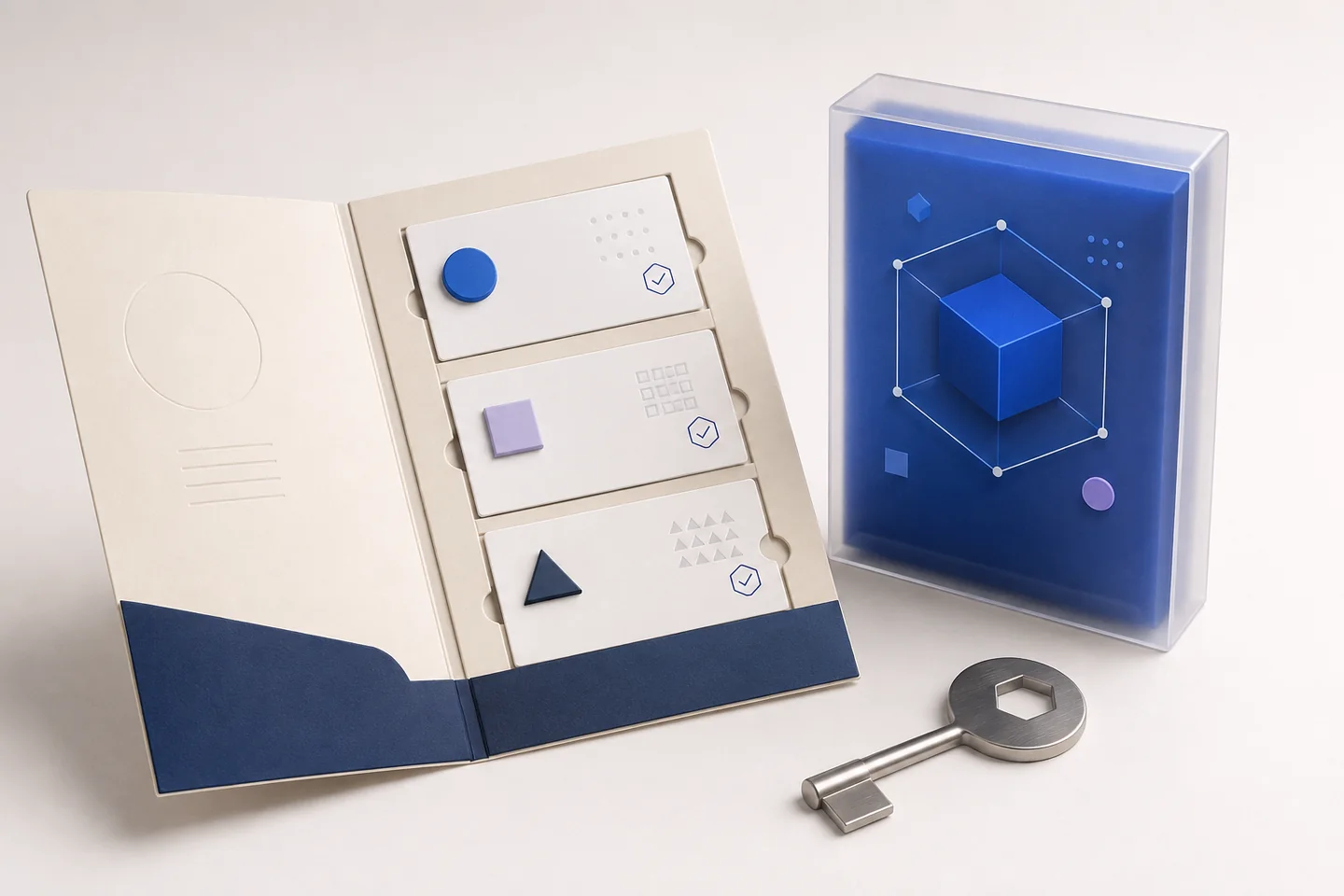 An open release folder with review cards beside a packaged blue application module and a metal key.
