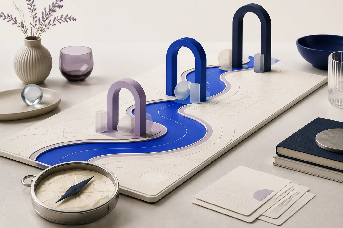 A compass beside a blue roadmap passing through three milestone arches on a planning desk.