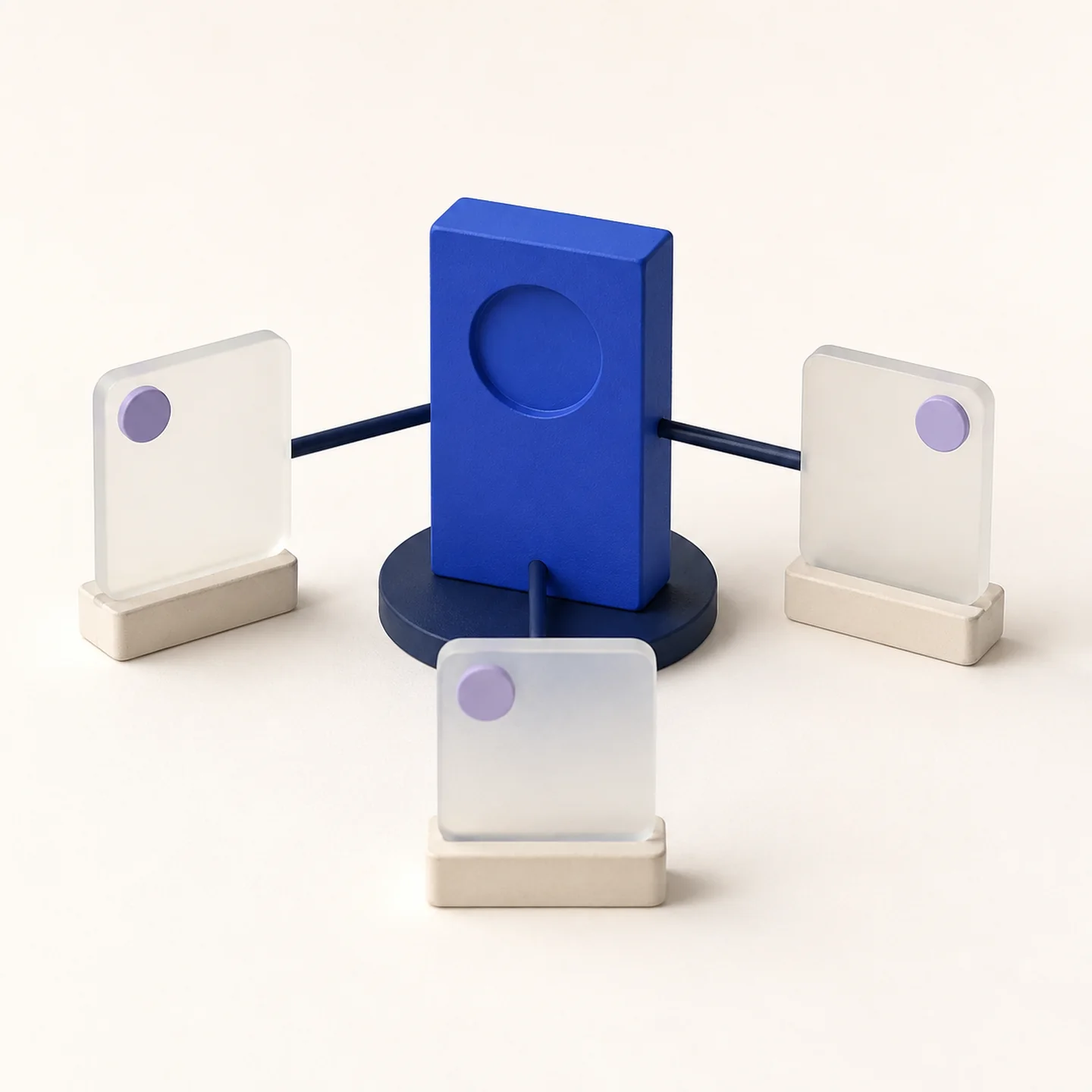 A central cobalt account block connected to three smaller record cards.