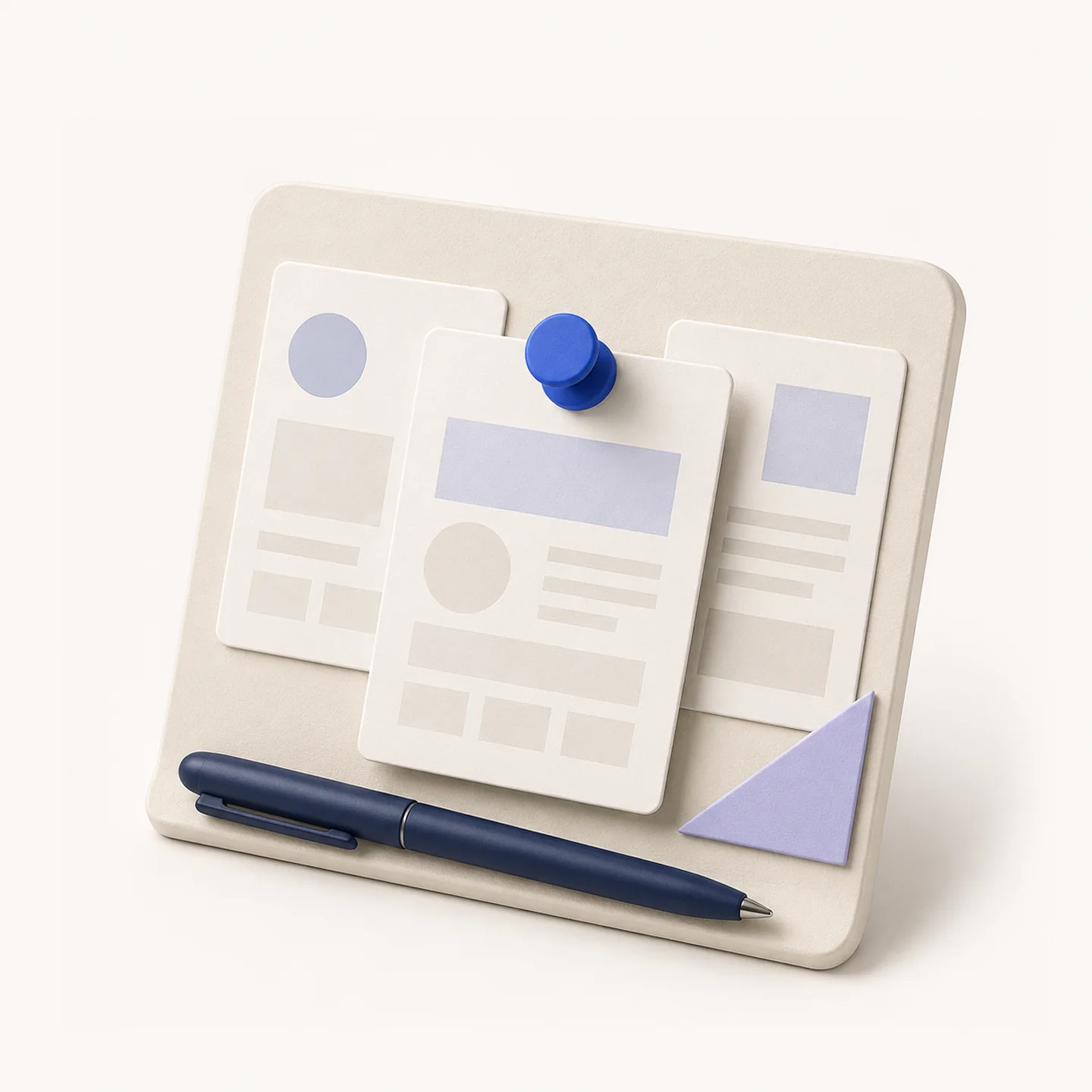 Page cards on a content board with a cobalt pin and a navy editorial pen.