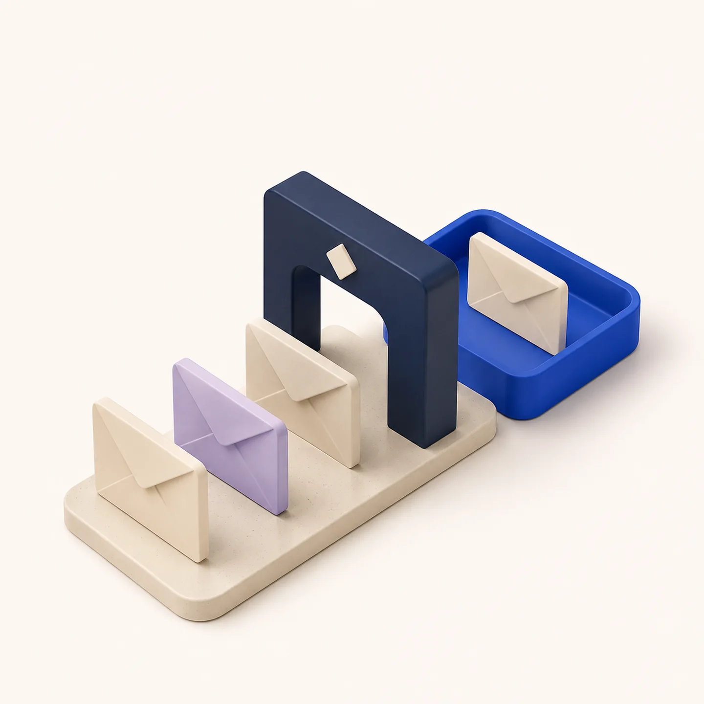 Message envelopes passing through a navy gate into a cobalt task tray.