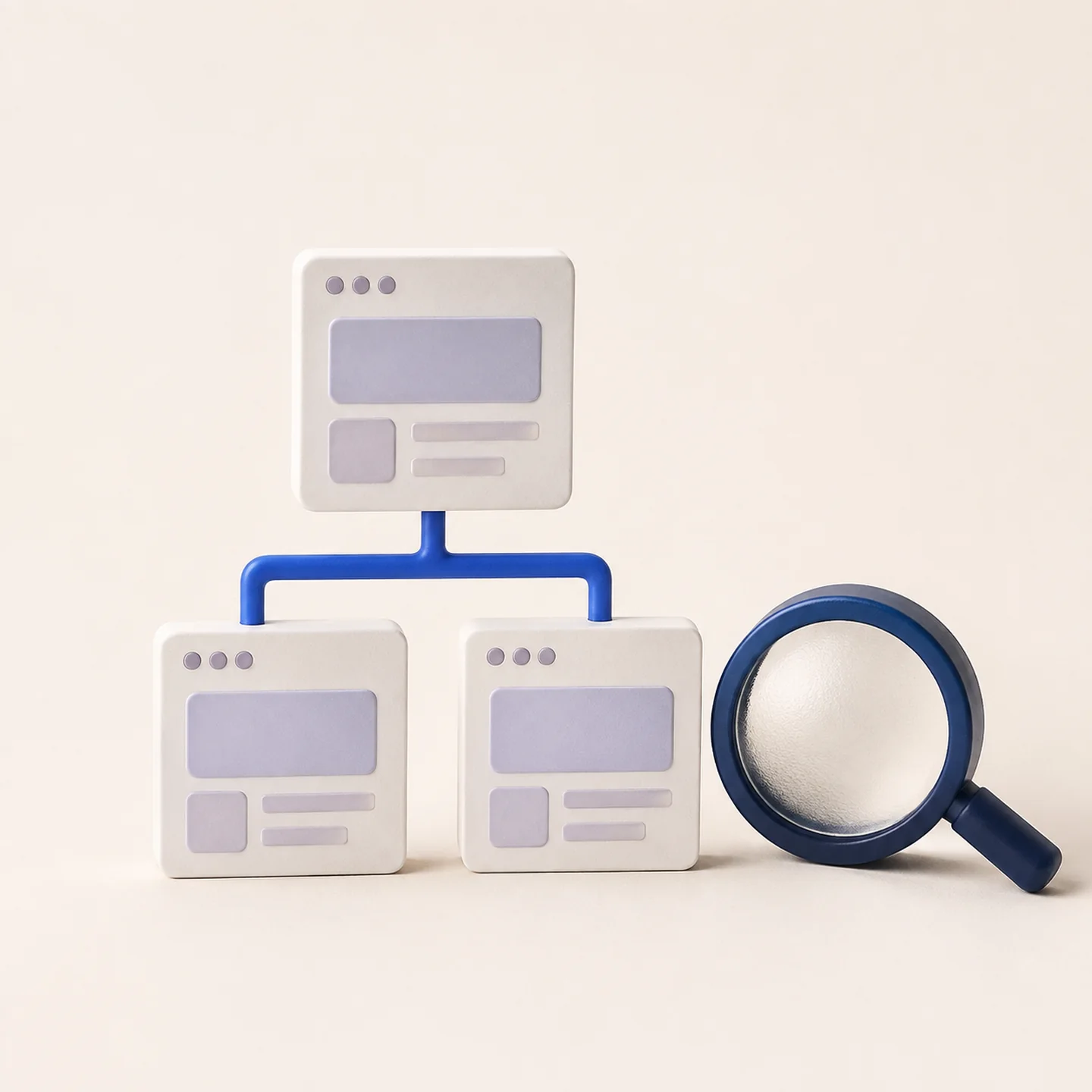 Three page cards connected as a navigation tree beside a glass magnifier.