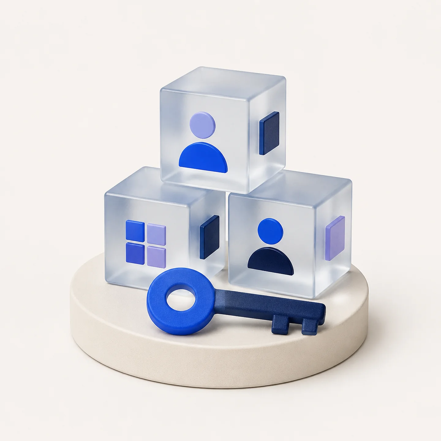 Three glass workspace cubes and a cobalt key on an ivory base.