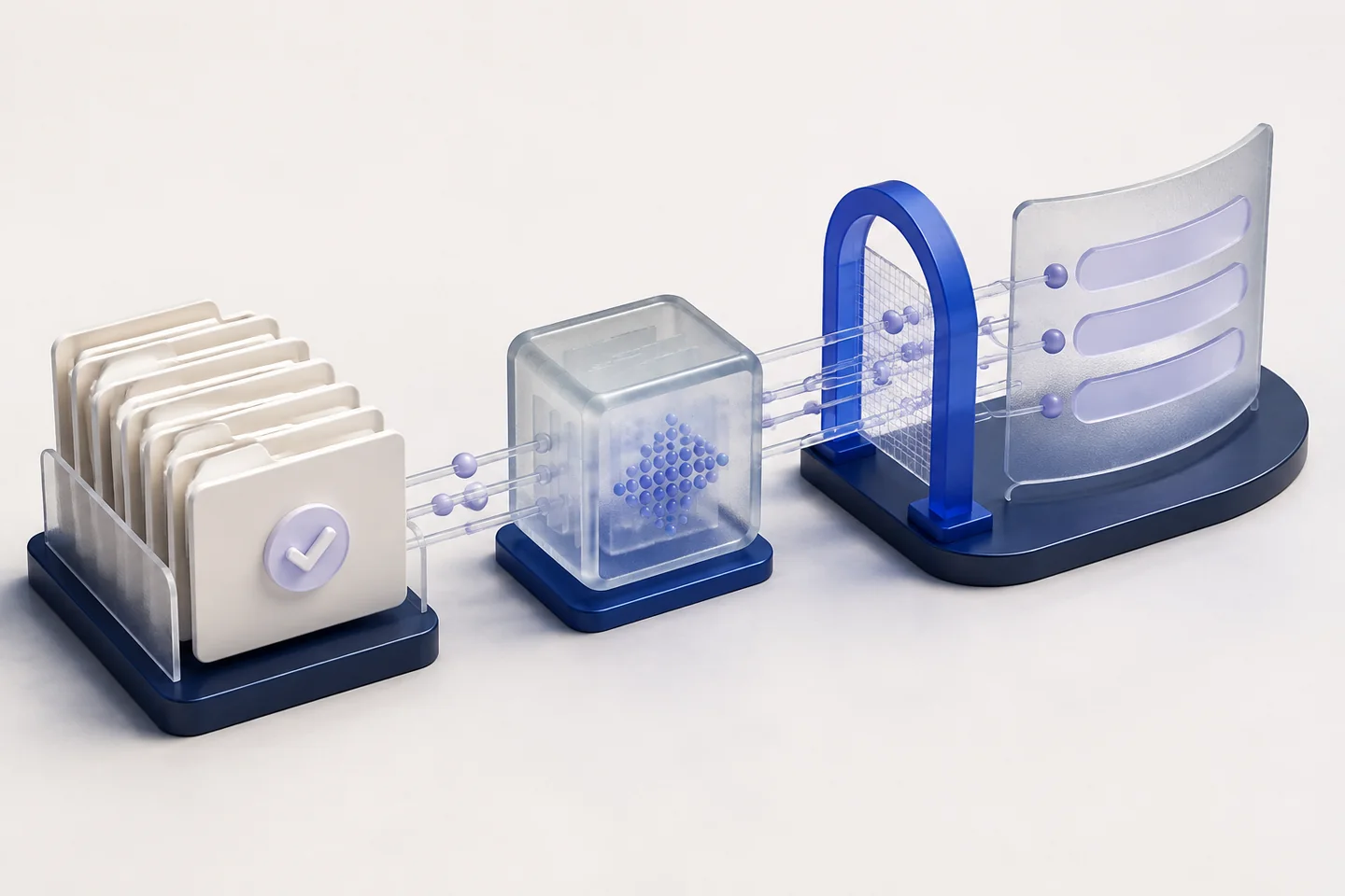 Document folders linked through a glass processing module and blue handoff gate to a curved response panel.