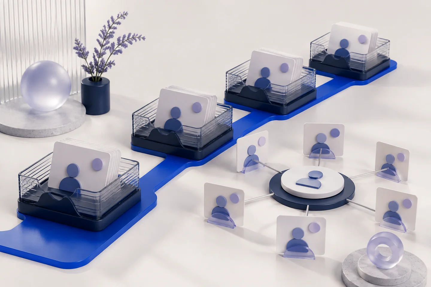 Customer record trays follow a blue pipeline beside a hub of connected contact cards.