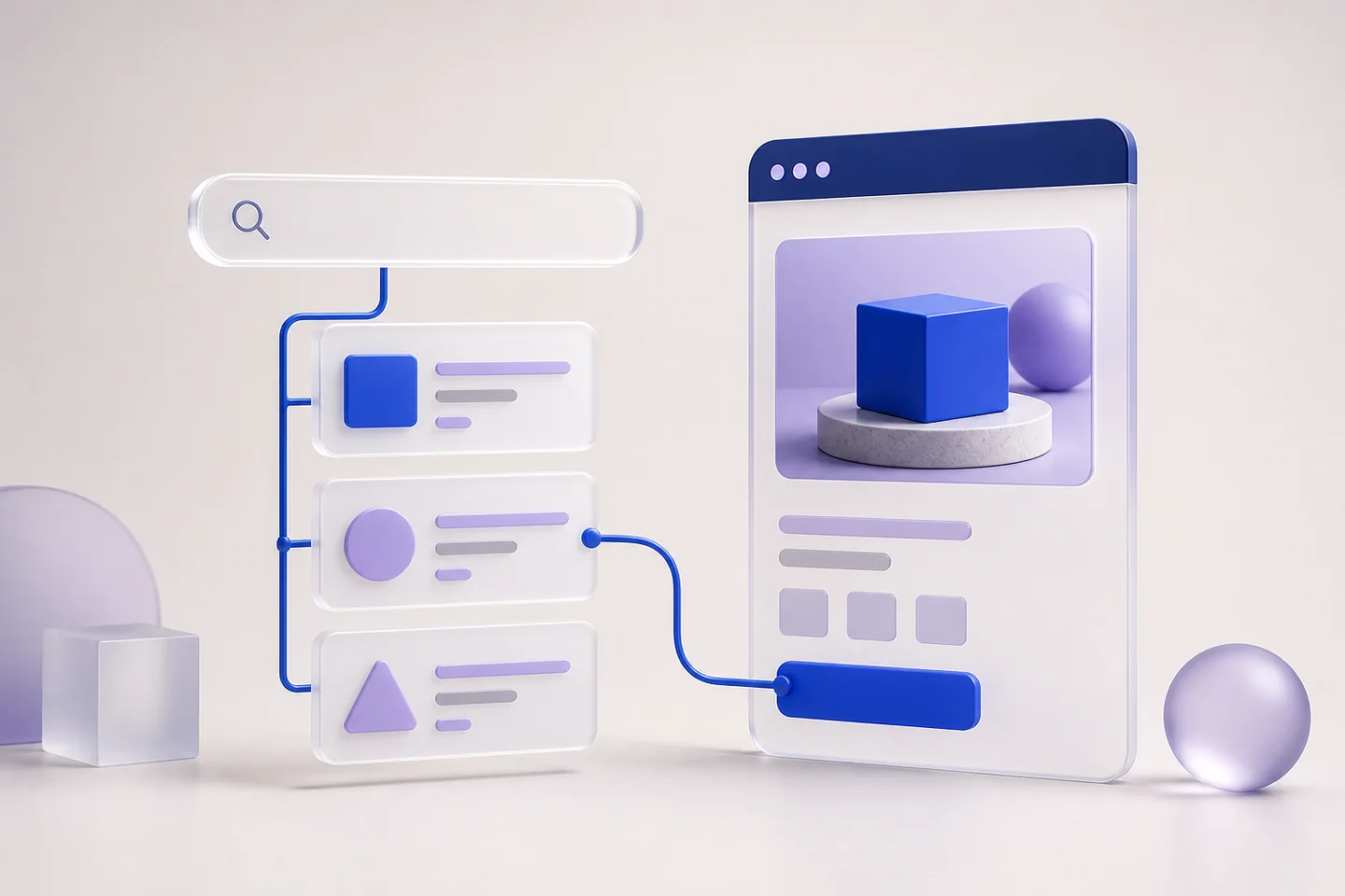 A search bar connects three result tiles to a landing page with a blue action button.
