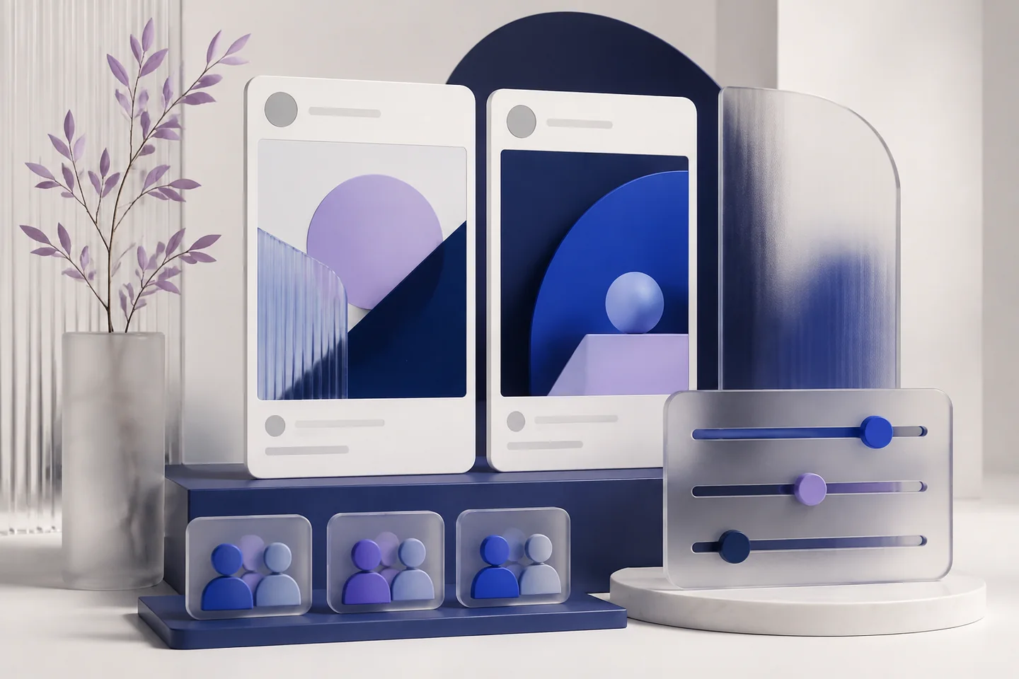 Two social-feed creative panels stand above audience tiles beside adjustable campaign sliders.
