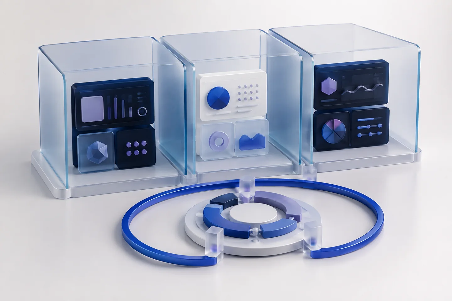 Three glass workspaces hold separate application modules behind a blue subscription-cycle ring.
