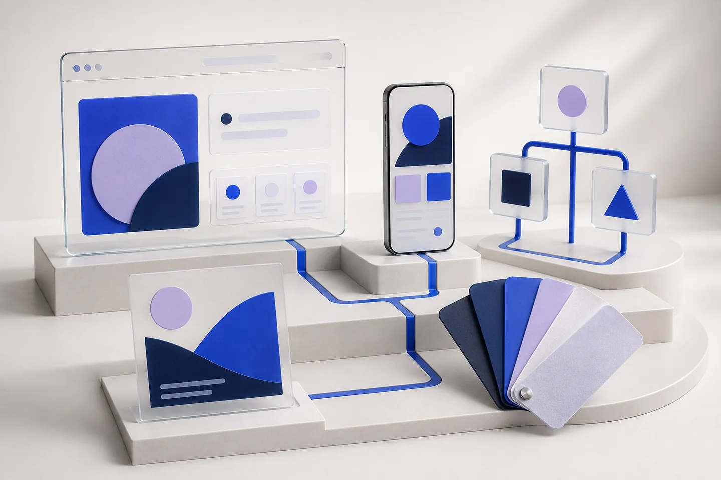 A browser, phone, workflow sculpture, campaign tile and colour fan connected across a stepped studio platform.