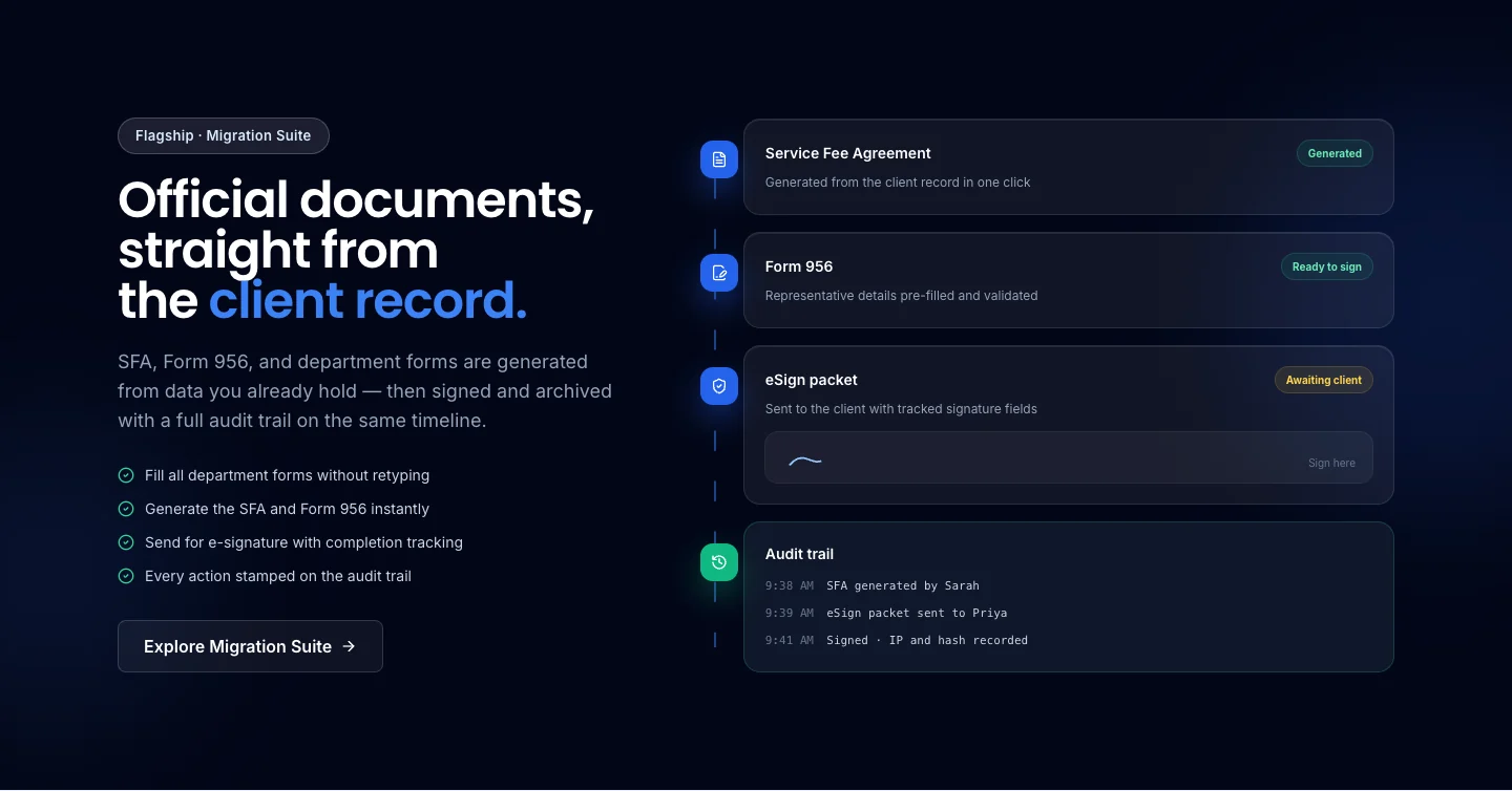 AgentCom public website showing document tools connected to a client record