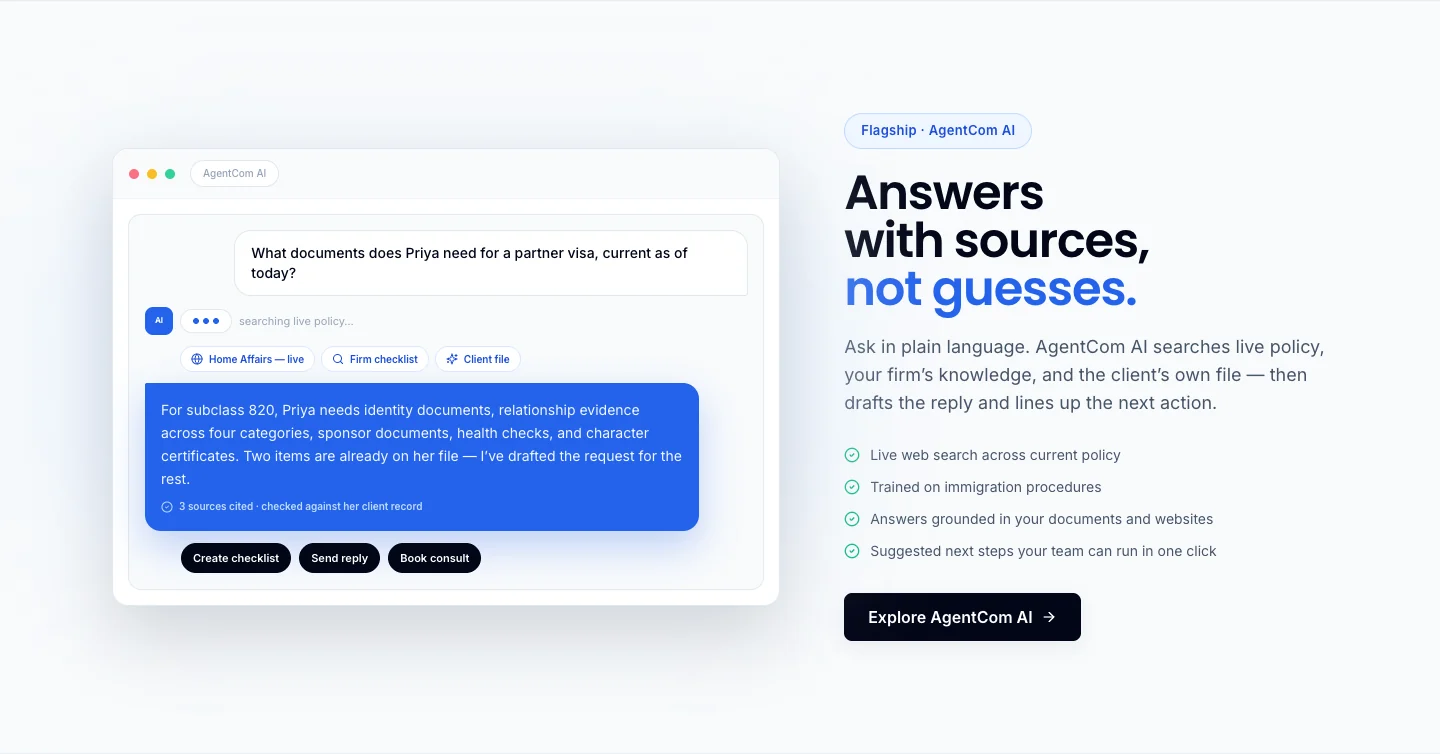 AgentCom public website showing its assistant answering from approved sources